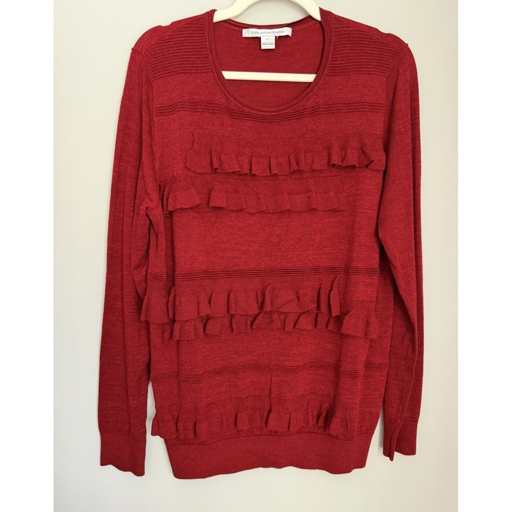 Diane Von Furstenburg Sweater‎ Women L Deep Red Crew Neck Ruffle Merino Wool Top